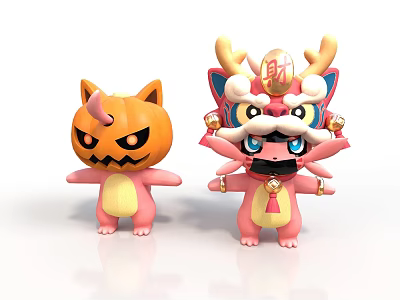 Cute Pink Cartoon Characters With Pumpkin And Lion Dance Inspired Design 3d model