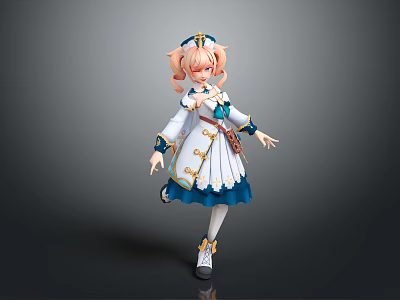 Anime Style Fantasy Character 3D Model With Pink Twin Tails And Blue White Costume 3d model