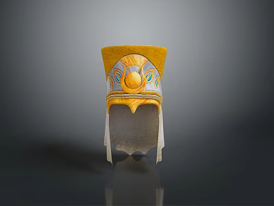 Traditional Decorative Yellow Weapon Helmet With Blue Green Patterns And Hanging Tassels 3d model