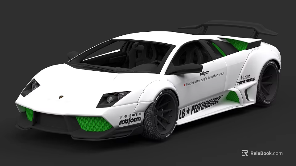 Sleek White Sports Car With Green Accents Aerodynamic Spoiler And LBS Performance 3d model 