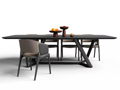Modern Black Dining Table With Chairs Fruit Platter And Decorative Items 3d model