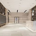 Modern Shop Front Desk With Gray Marble Wall Wooden Bookshelves Green Plants White Marble Countertop