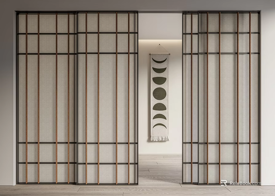 Minimalist Sliding Doors With Wooden Frames And Grid Design In Japanese Interior 3d model 