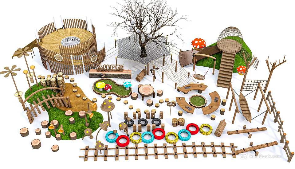 Outdoor Wooden Playground Equipment For Kids With Tree Mushroom Decor Rope Nets And Slides 3d model 