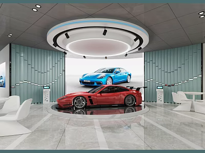 4S Luxury Car Showroom Displaying Red Sports Car On Circular Stand And Blue Vehicle Screen 3d model
