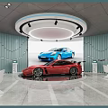 4S Luxury Car Showroom Displaying Red Sports Car On Circular Stand And Blue Vehicle Screen