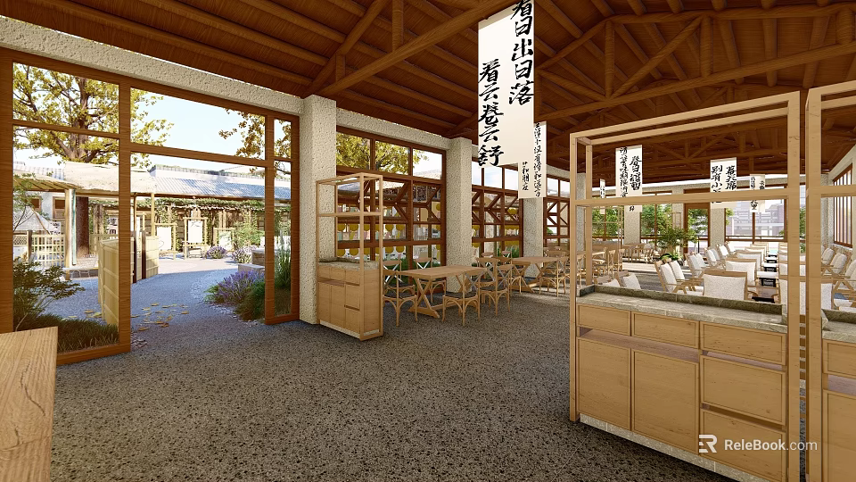 Japanese Style Restaurant With Wooden Structure Open Concept Lanterns Tables Chairs And Green Plants 3d model 