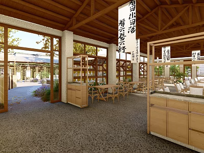 Japanese Style Restaurant With Wooden Structure Open Concept Lanterns Tables Chairs And Green Plants 3d model