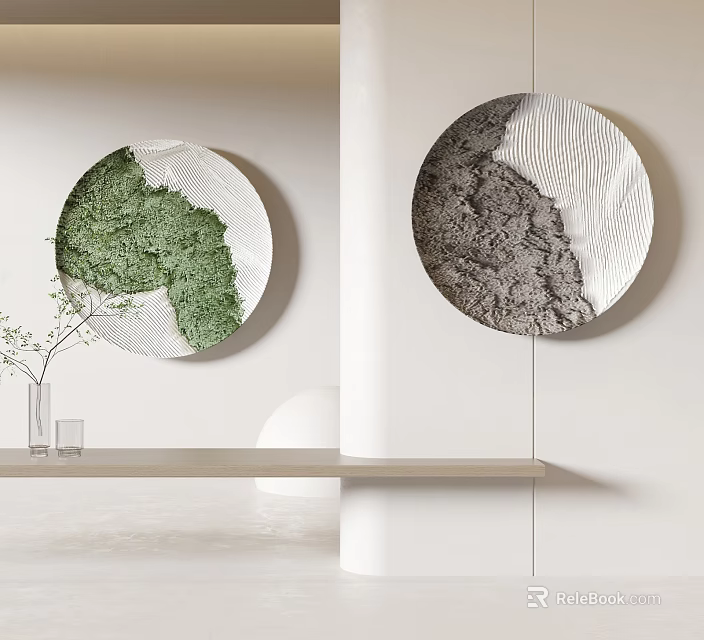 Two Modern Circular Wall Decor With Green Moss And Gray Textured Patterns On White Wall 3d model