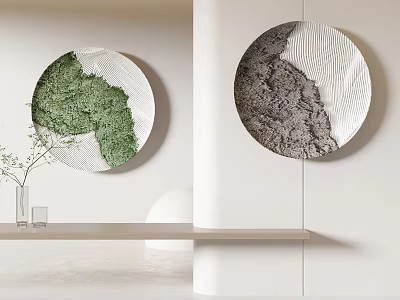 Two Modern Circular Wall Decor With Green Moss And Gray Textured Patterns On White Wall 3d model