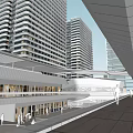 Modern Commercial Plaza With Sculpture Open Space Pedestrians And Tall Building