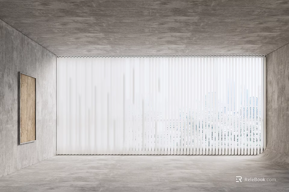Lightweight White Vertical Striped Curtains In Modern Interior With Concrete Wall And City View 3d model 