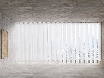 Lightweight White Vertical Striped Curtains In Modern Interior With Concrete Wall And City View 3d model