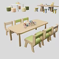 Wooden Children's Table And Chair Set With Green Beige Seats And Building Blocks