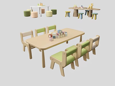 Wooden Children's Table And Chair Set With Green Beige Seats And Building Blocks 3d model