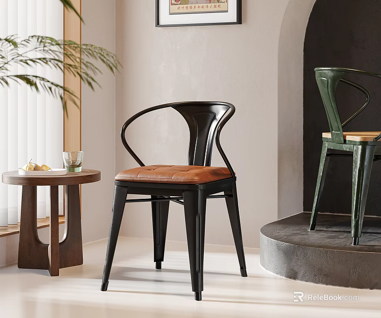 Stylish Leisure Chairs With Black Frame Brown Leather Seat And Green Frame In Modern Room 3d model 