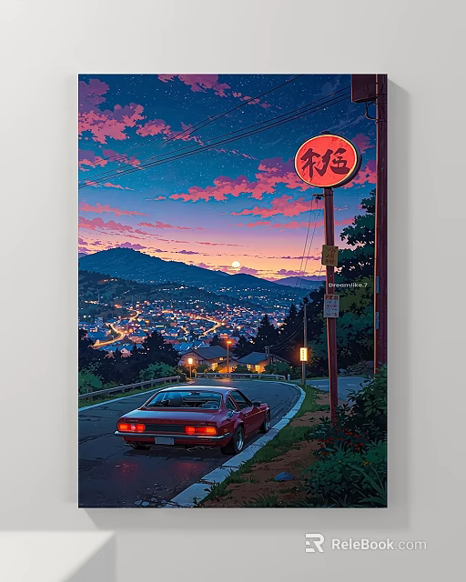Scenic Landscape Painting With Starry Sunset Sky Red Signpost Red Car Curved Road And Mountain 3d model 