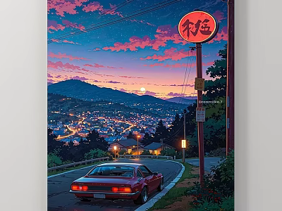 Scenic Landscape Painting With Starry Sunset Sky Red Signpost Red Car Curved Road And Mountain 3d model