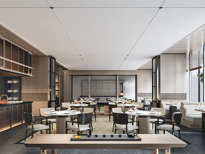 Modern Restaurant Interior With Neat Dining Tables Comfortable Chairs And Soft Ambient Lighting 3d model