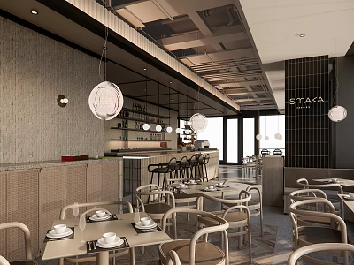 Modern Restaurant Interior Design With Dining Tables Chairs Bar Counter And Hanging Lights 3d model