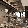 Modern Restaurant Interior Design With Dining Tables Chairs Bar Counter And Hanging Lights