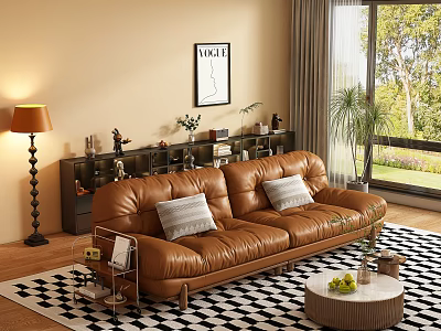 Spacious Brown Leather Sofa With Cushions Floor Lamp Checkered Rug Coffee Table Garden View 3d model