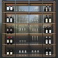 Wine Bottles and Glasses Neatly Arranged on Modern Multi Layered Shelves