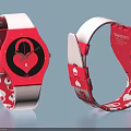Swatch Red And White Watches With Heart Pattern On Straps And Black Dial Design