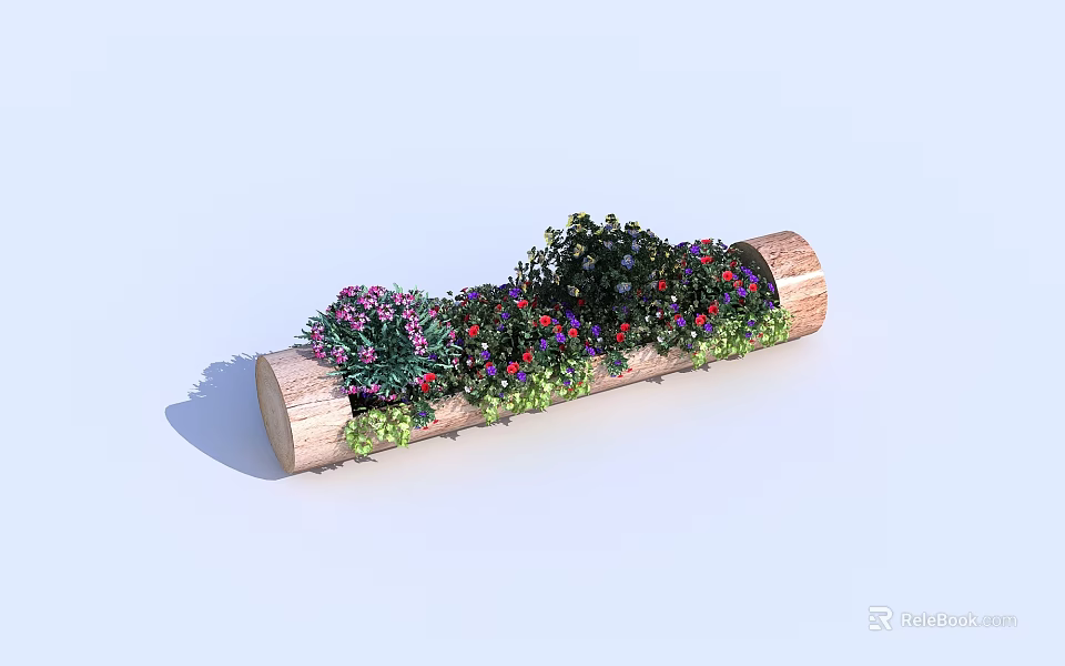 Wooden Log Garden Planter with Colorful Flowers and Green Plants Decoration 3d model 
