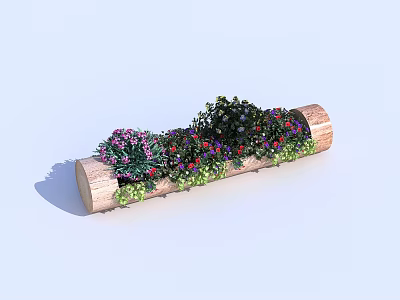 Wooden Log Garden Planter with Colorful Flowers and Green Plants Decoration 3d model