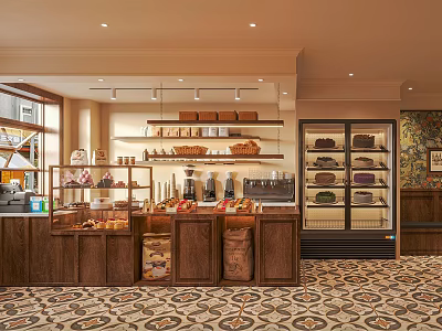 Inviting Dessert Shop Interior With Wooden Counter Glass Display Cases Fresh Pastries And Decorative Flooring 3d model