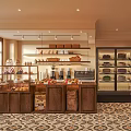 Inviting Dessert Shop Interior With Wooden Counter Glass Display Cases Fresh Pastries And Decorative Flooring