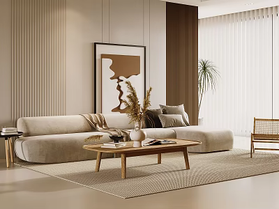 Modern Beige Sofa And Wooden Coffee Table Set With Dried Flowers Wall Art And Plant 3d model