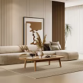 Modern Beige Sofa And Wooden Coffee Table Set With Dried Flowers Wall Art And Plant