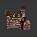 Medieval Half Timbered Building With Tower Spire Green Windows And Stone Walls
