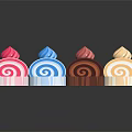 Colorful Swiss Roll Cakes With Cream Flowers On Top And Spiral Cross Sections