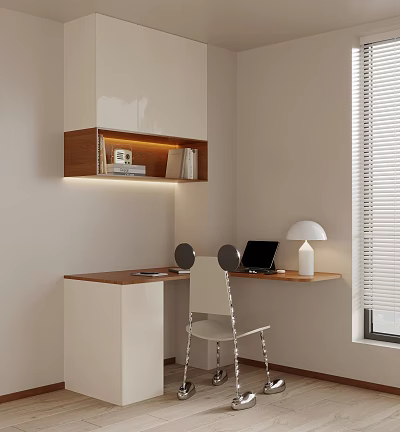 Modern Desk And Chair Combination With Wooden White Surface Laptop Table Lamp And Wall Cabinet 3d model