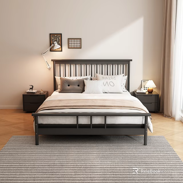 Modern Bed Linen With Black Headboard Striped LOVE Letter Pillows And Table Lamps 3d model 