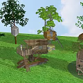 Multiple Wooden Treehouse Villas on Green Grassland With Platforms and Trees