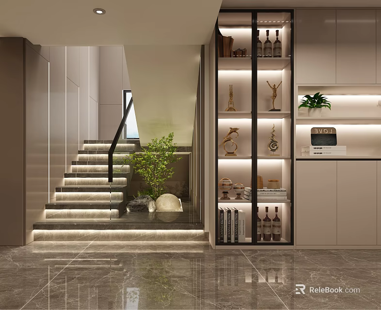 Modern Interior Featuring Illuminated Staircase Glass Display Cabinet With Plants And Decorations 3d model 