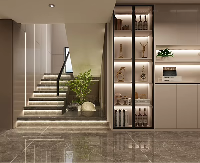 Modern Interior Featuring Illuminated Staircase Glass Display Cabinet With Plants And Decorations 3d model