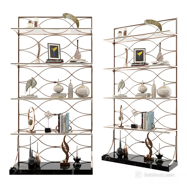 Elegant Modern Open Design Metal Shelving Unit With Decorative Art And Books 3d model 