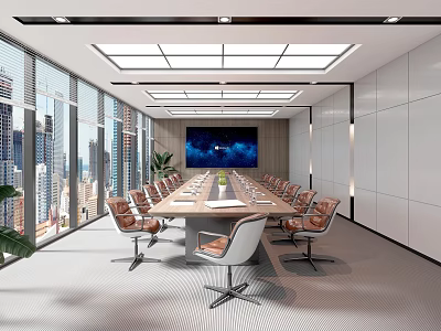 Modern Conference Room Interior With Large Windows City View Long Table Chairs Screen Green Plants 3d model
