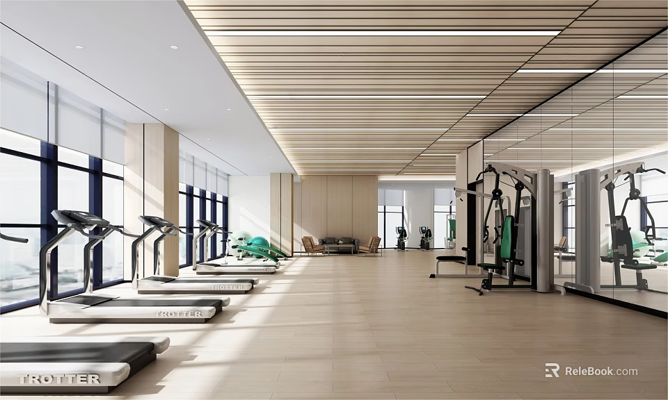 Spacious Modern Fitness Gym With Treadmills Workout Equipment Large Windows And Wooden Ceiling 3d model 