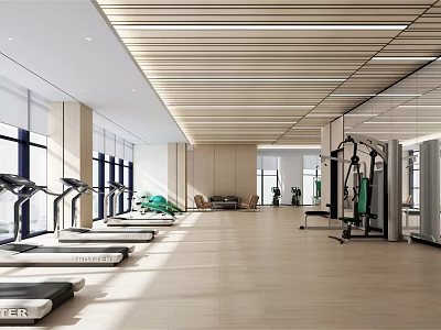 Spacious Modern Fitness Gym With Treadmills Workout Equipment Large Windows And Wooden Ceiling 3d model