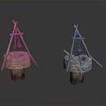 Traditional Woven Well Structures With Wooden Tripod Frame Rope Bucket And Stone Base