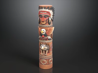Wooden Totem Pole Featuring Native American Headdress Eagle And Wolf Patterns 3d model