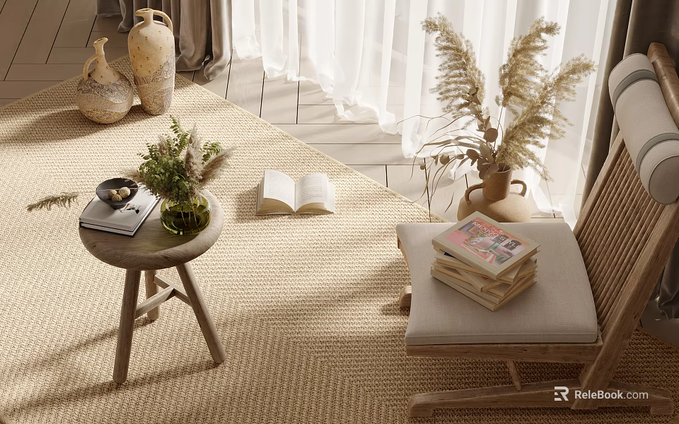 Comfortable Wooden Lounge Chair With Small Round Table Books And Natural Rug 3d model 