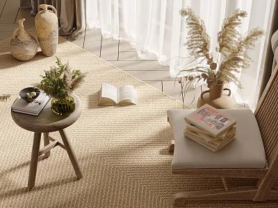 Comfortable Wooden Lounge Chair With Small Round Table Books And Natural Rug 3d model