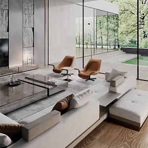 Villa Living Room Stone Concave-convex TV Wall Fabric Sofa Coffee Table Combination 3d model